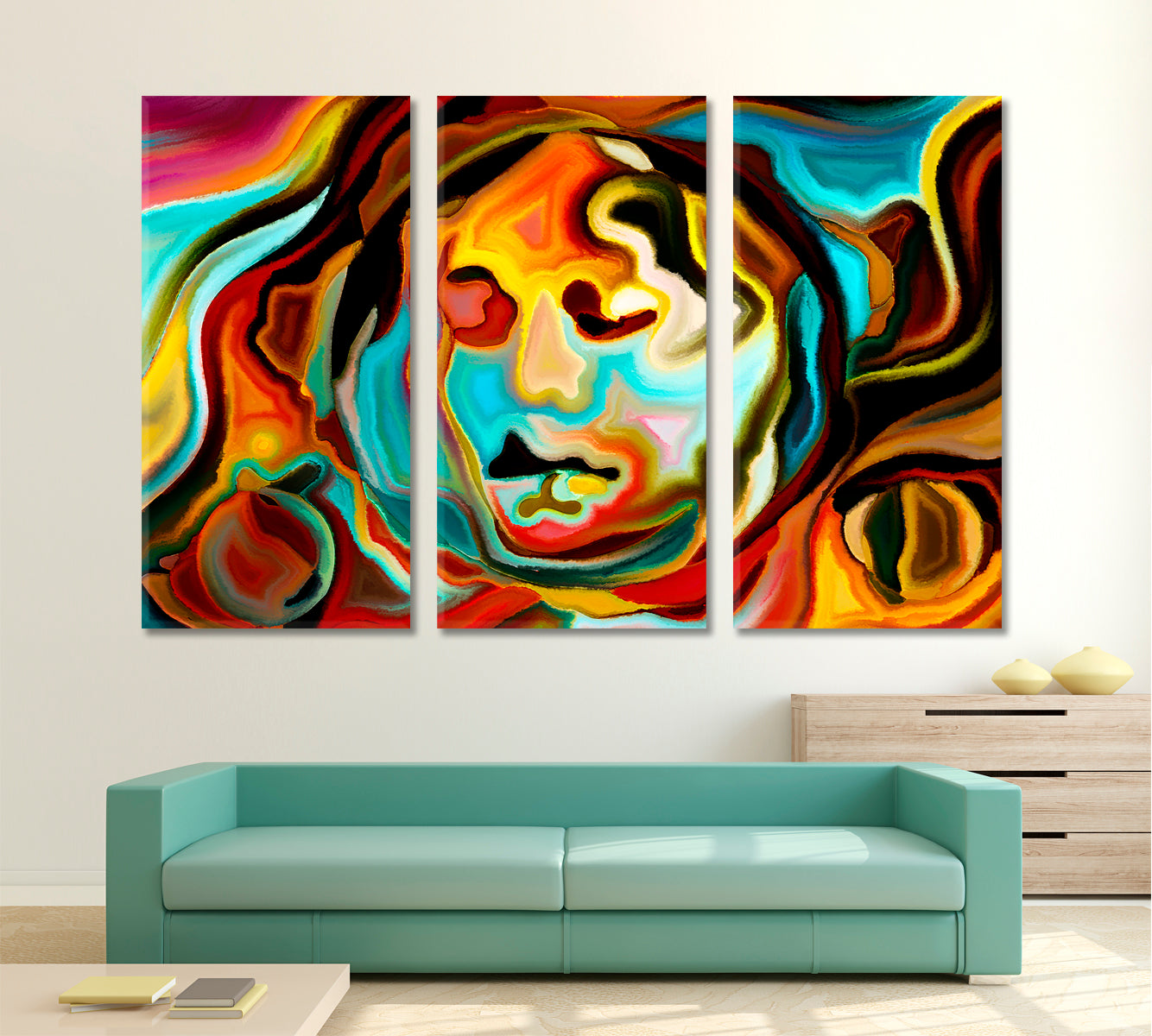 Composition of Human Features, Colors and Abstract Shapes Abstract Art Print Artesty 3 panels 36" x 24" 