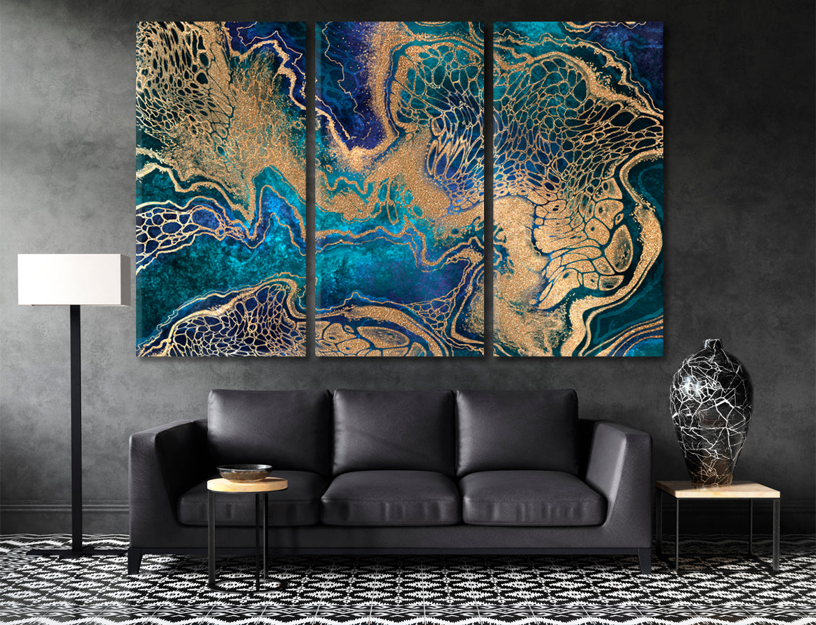 NAVY BLUE GOLD EFFECT Marble Swirls Creative Abstract Trendy Modern Canvas Print Fluid Art, Oriental Marbling Canvas Print Artesty 3 panels 36" x 24" 