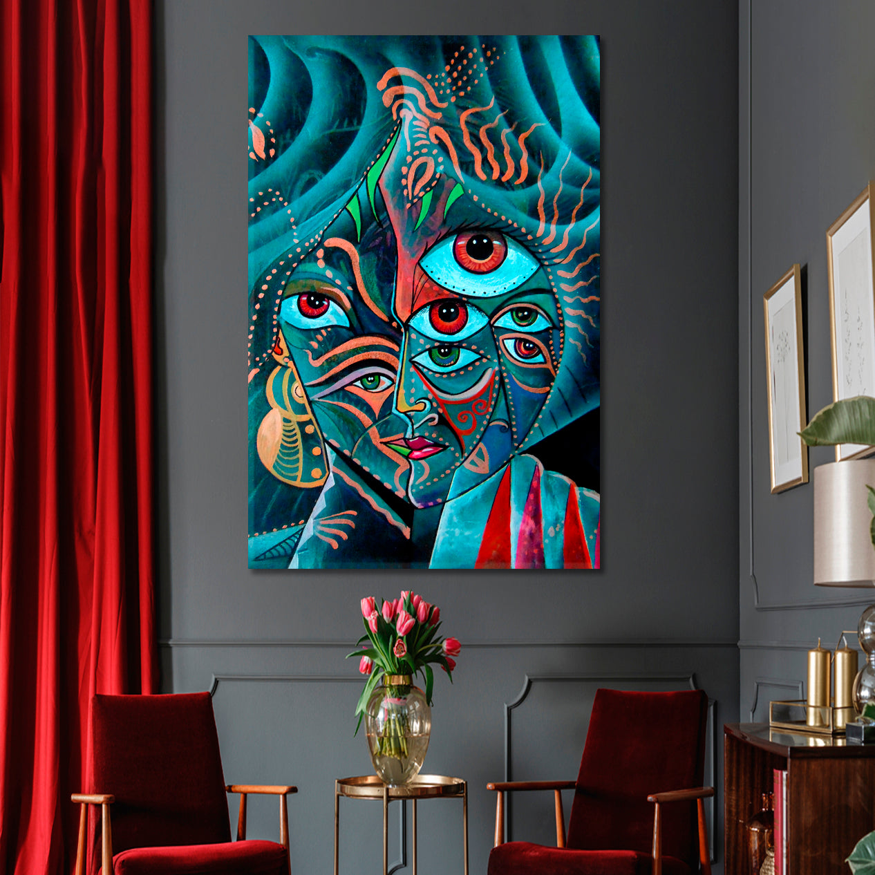 Cubism Face Fantasy Design Vivid Teal Color Cubist Trendy Large Art Print Artesty   