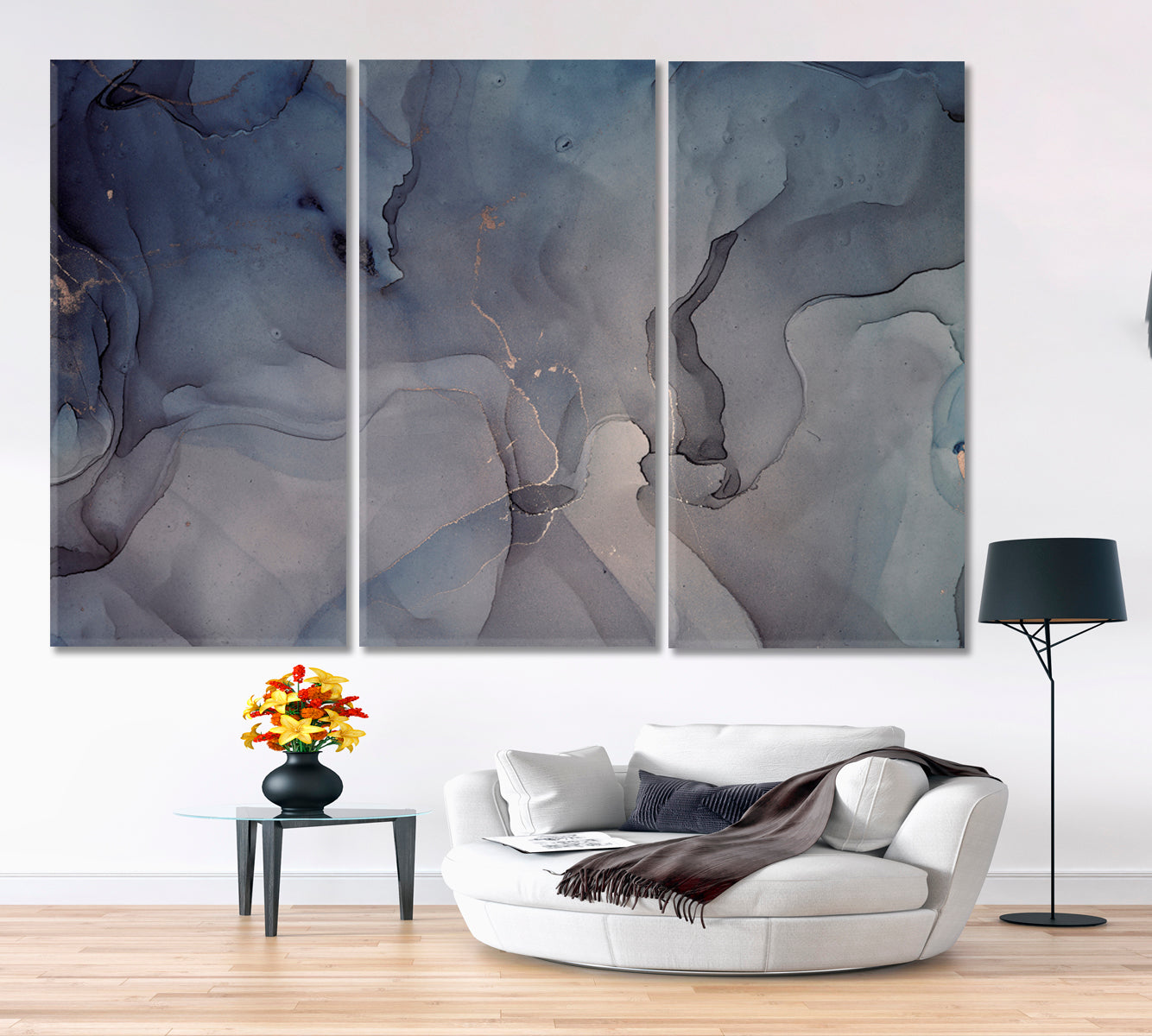 GRAY BLUE Alcohol Ink Colors Translucent Abstract Marble Fluid Art, Oriental Marbling Canvas Print Artesty 3 panels 36" x 24" 