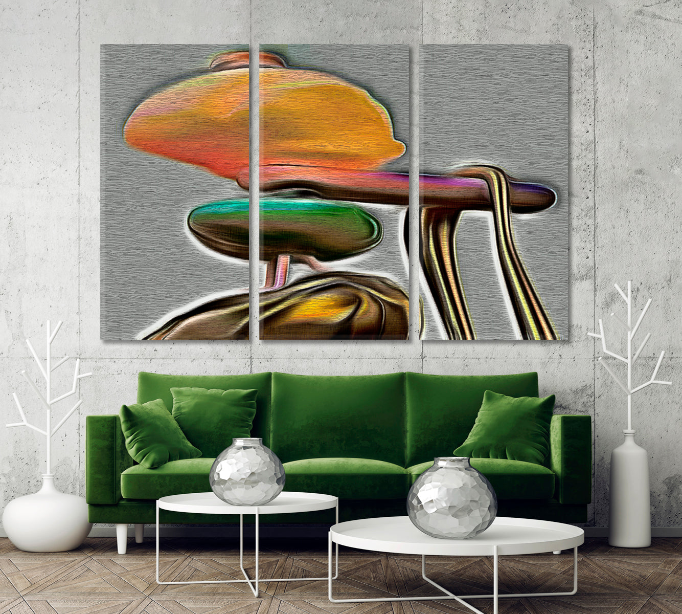 Contemporary Psychedelic Shape Orange Gray Painting Abstract Art Print Artesty 3 panels 36" x 24" 
