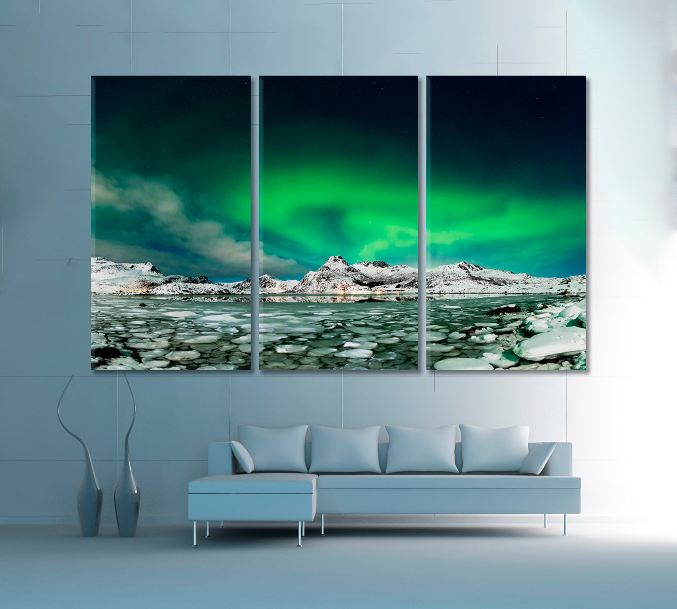 Aurora Borealis over Frozen Lake Scenery Landscape Fine Art Print Artesty 3 panels 36" x 24" 