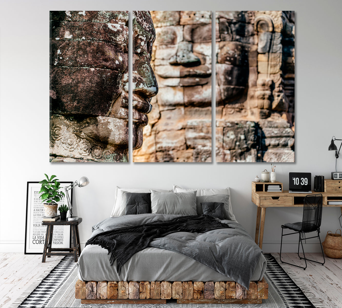 CAMBODIA STONE FACES Asia Ancient Bayon Tample Popular Tourist Attraction Canvas Print Religious Modern Art Artesty 3 panels 36" x 24" 