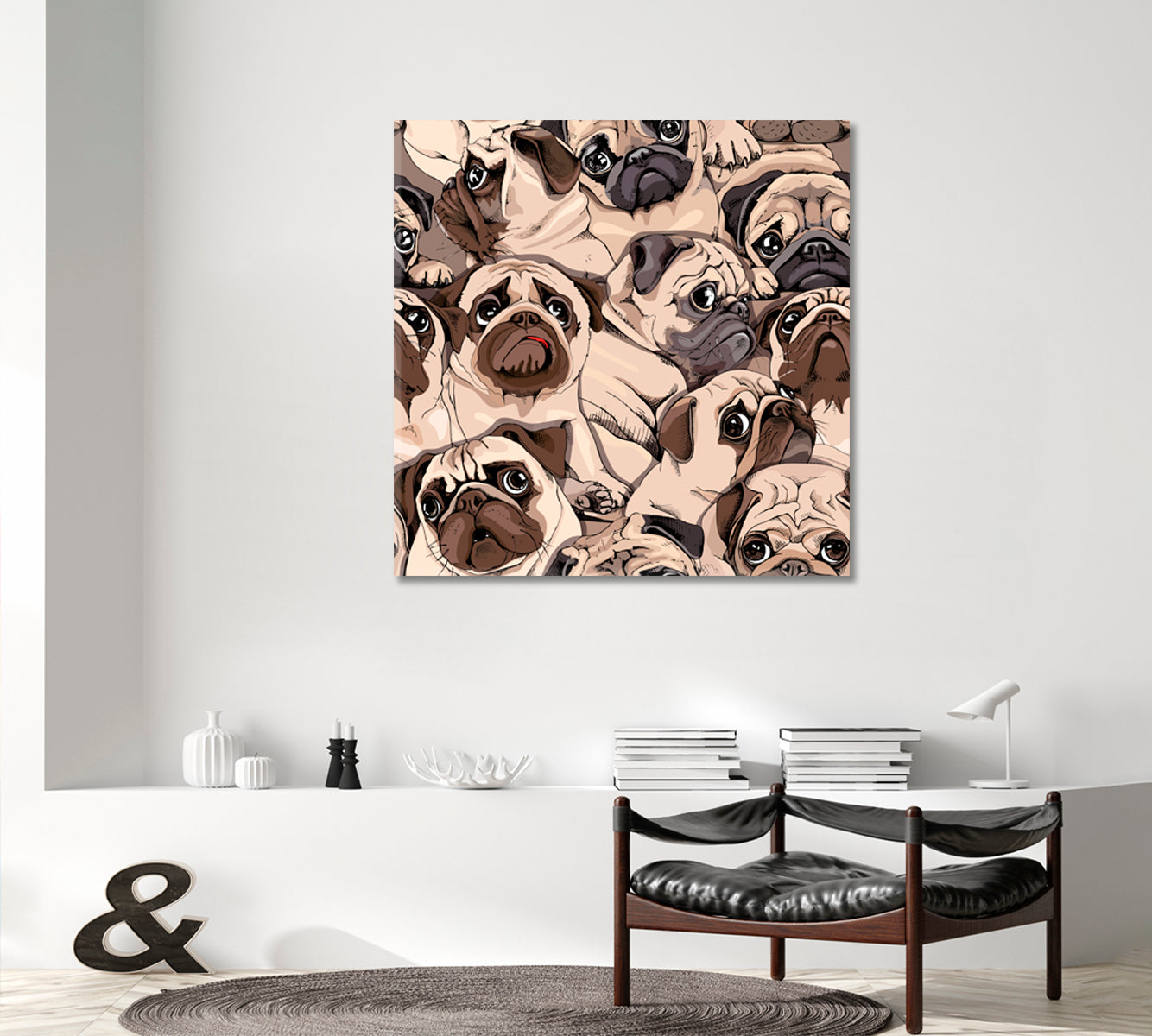 Funny Pugs Composition Sepia Art Style Humor Whimsical Animals Canvas Print - Square Panel Animals Canvas Print Artesty   