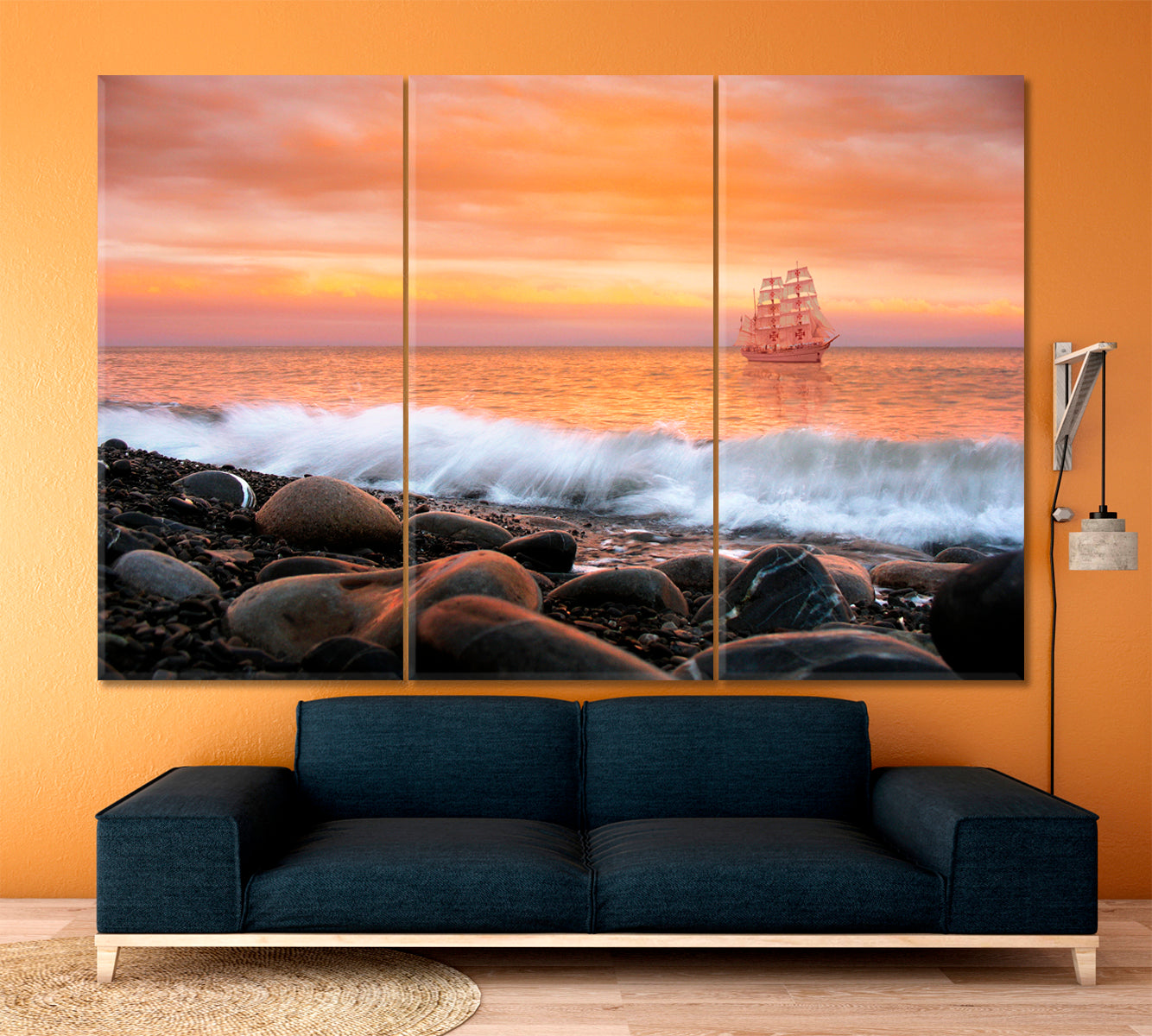 SCARLET SAILS Alone Ship Sea Waves Rocks Sky Beautiful Landscape Canvas Print Scenery Landscape Fine Art Print Artesty 3 panels 36" x 24" 