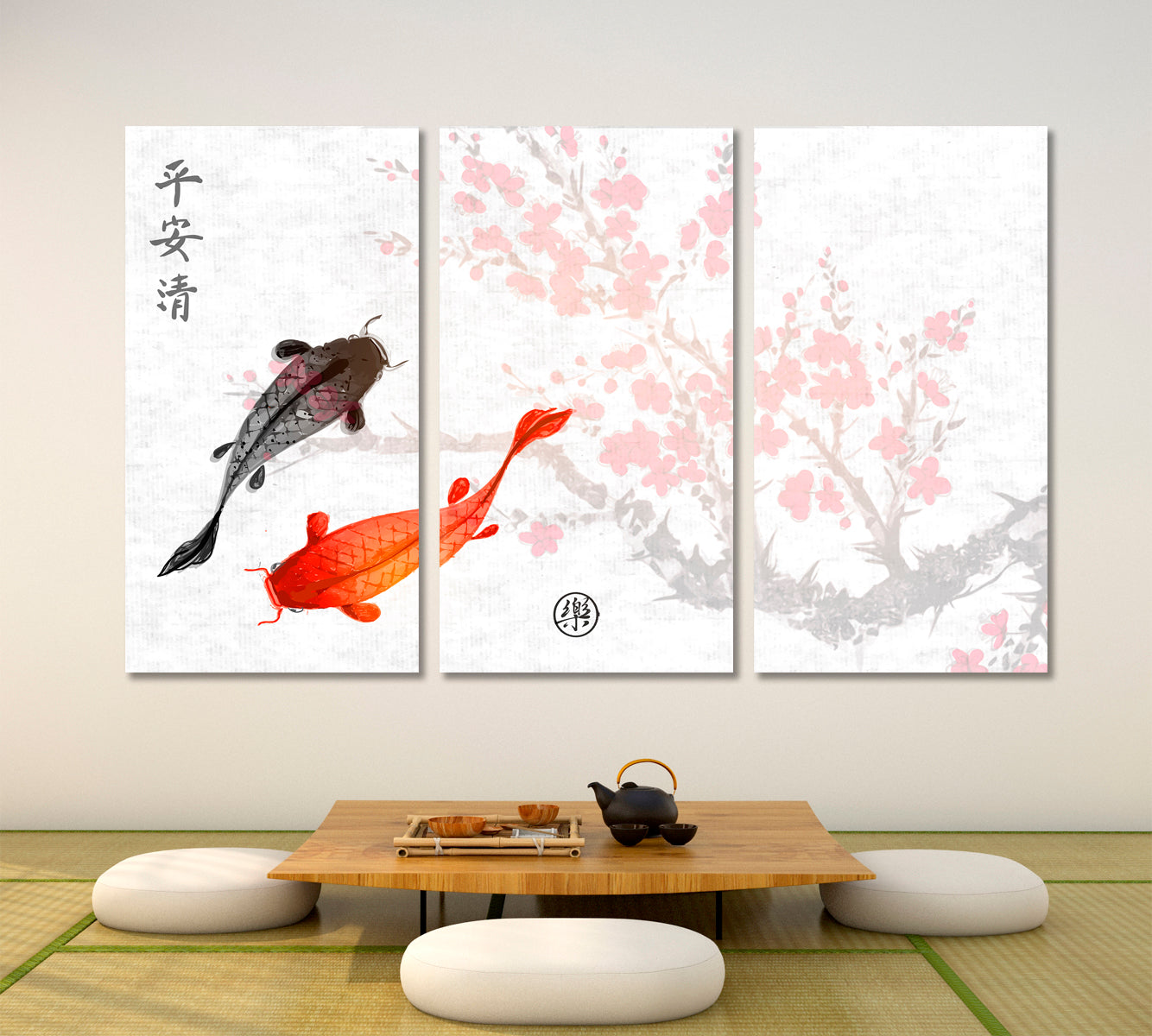ZEN Sakura Koi Fishes Traditional Oriental Peace Tranquility Clarity Joy Asian Style Canvas Print Wall Art Artesty 3 panels 36" x 24" 