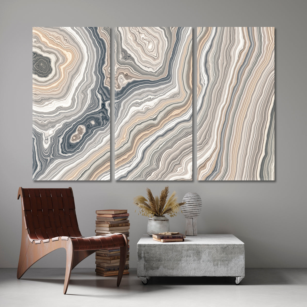 Beautiful Curly Marble Texture Abstract Pastel Grey Beige Swirls Fluid Art, Oriental Marbling Canvas Print Artesty 3 panels 36" x 24" 