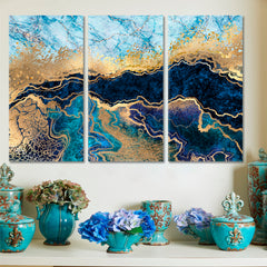 BLUE MARBLE Abstract Trendy Oriental Style Fluid Art, Oriental Marbling Canvas Print Artesty 3 panels 36" x 24" 
