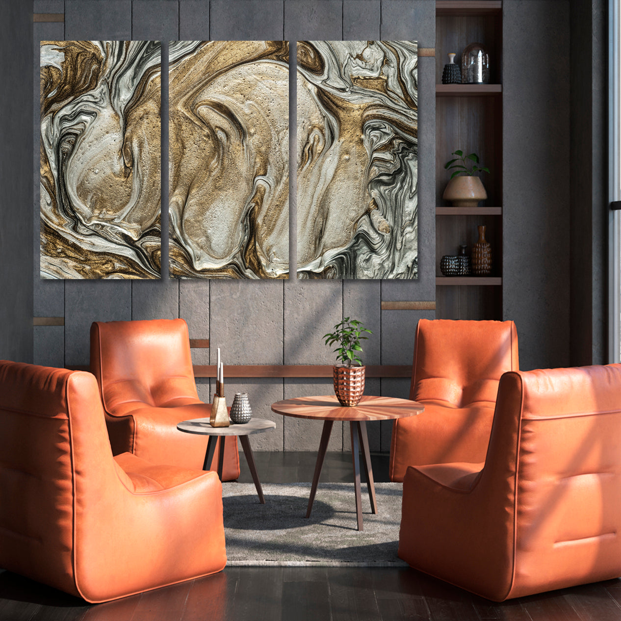 EBRU Golden Glossy Effect Grey Brown Marble Abstract Pattern Modern Fluid Art, Oriental Marbling Canvas Print Artesty   