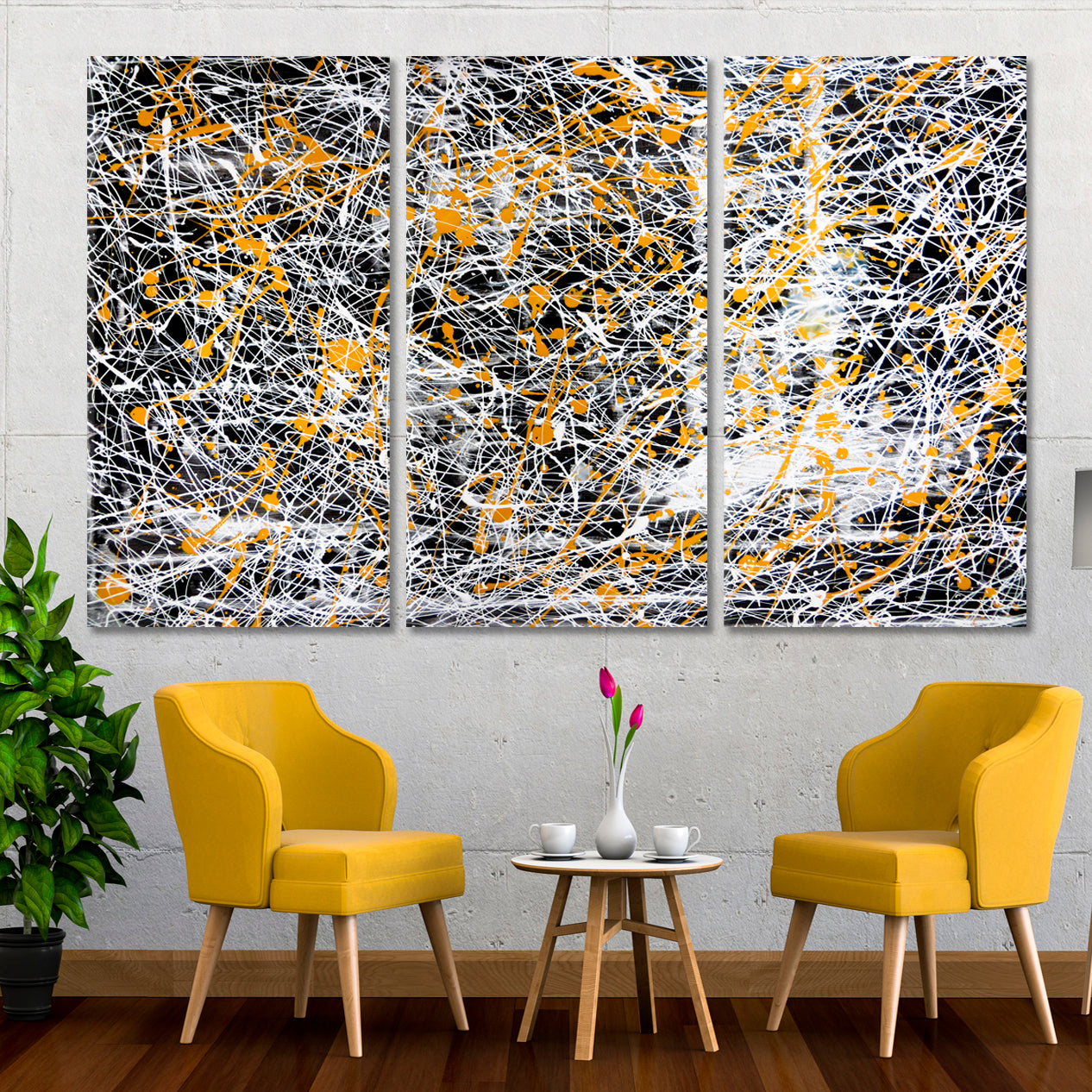 Abstract Drip White Black Yellow Modern Expressionist Contemporary Art Artesty 3 panels 36" x 24" 