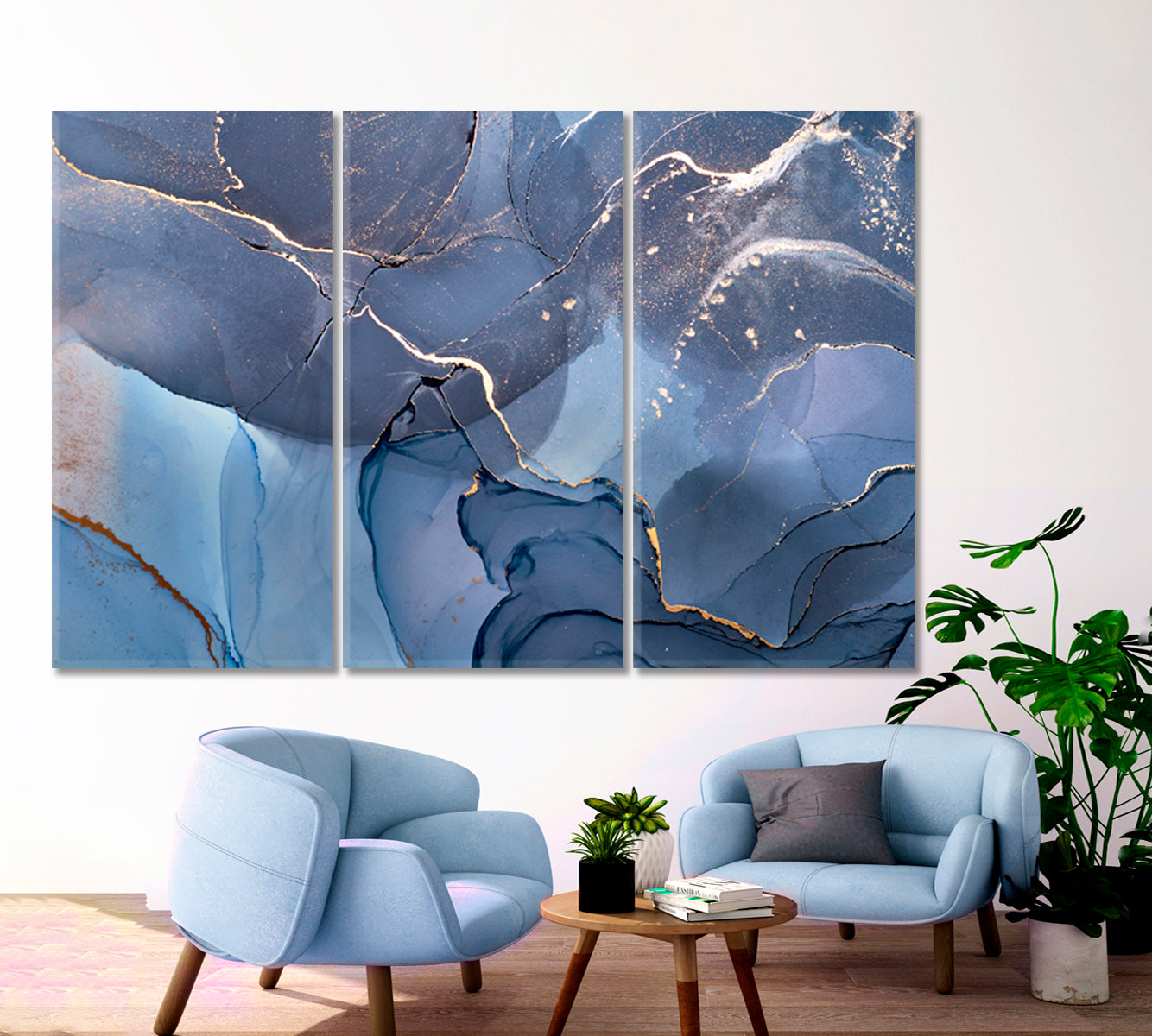 SKY Blue Ink Abstract Marble Veines Fluid Art, Oriental Marbling Canvas Print Artesty 3 panels 36" x 24" 