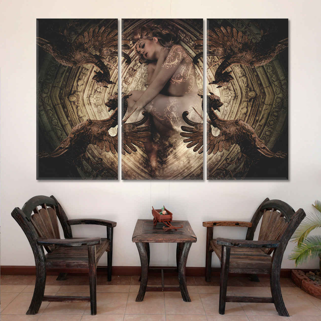 Abstract Fantasy Woman Gothic Renaissance Sculptures Photo Art Artesty 3 panels 36" x 24" 