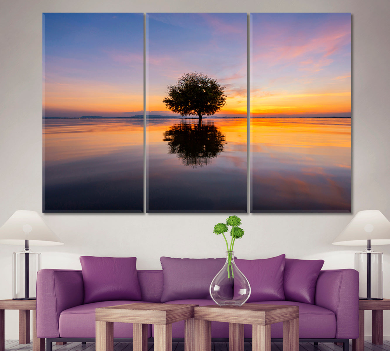 Breathtaking Landscape Inspired by Nature Sunset Over Water Flooded Trees Scenery Landscape Fine Art Print Artesty 3 panels 36" x 24" 