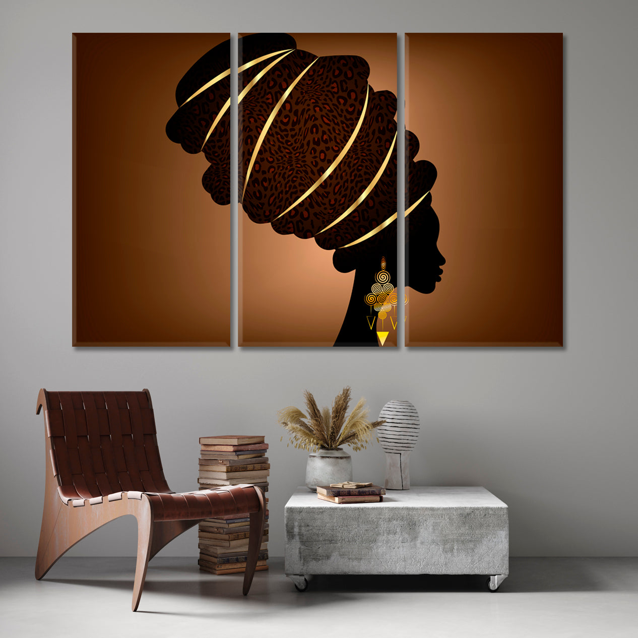 Ethnic African Lady Turban Brown Gold African Style Canvas Print Artesty 3 panels 36" x 24" 