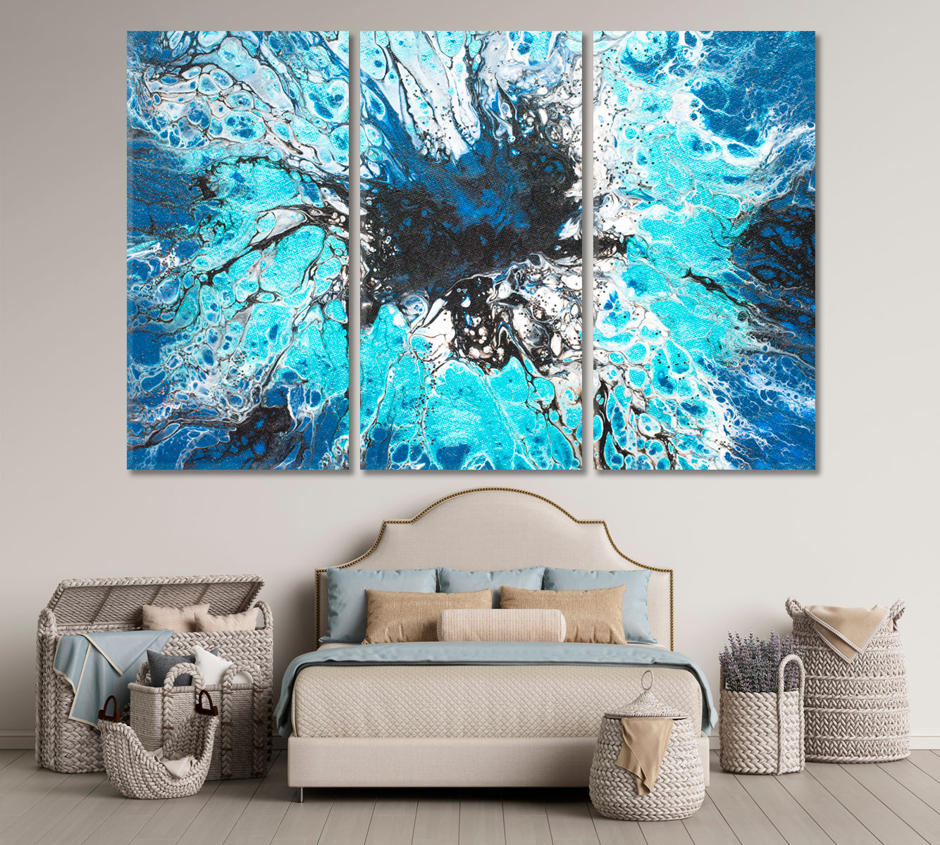 Vibrant Blue Turquoise Black Stains Abstract Geode Resin Painting Fluid Art, Oriental Marbling Canvas Print Artesty   