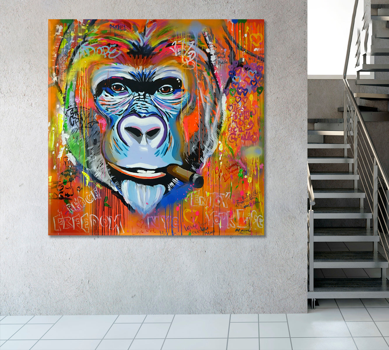 Monkey Gorilla Smoking Cigar Grunge Banksy Graffiti Style - S Contemporary Art Artesty   