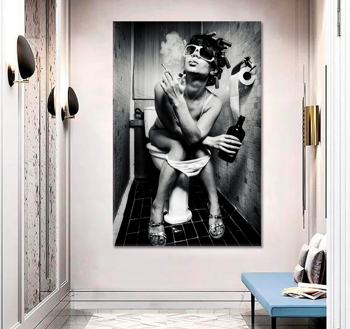 SMOKING GIRL Funny Poster Woman Sits in a Toilet with a Bottle - Vertical panel Black and White Wall Art Print Artesty 1 Panel 16"x24" 