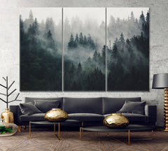 Misty Landscape Fir Forest in Hipster Vintage Retro Style Canvas Print Nature Wall Canvas Print Artesty   