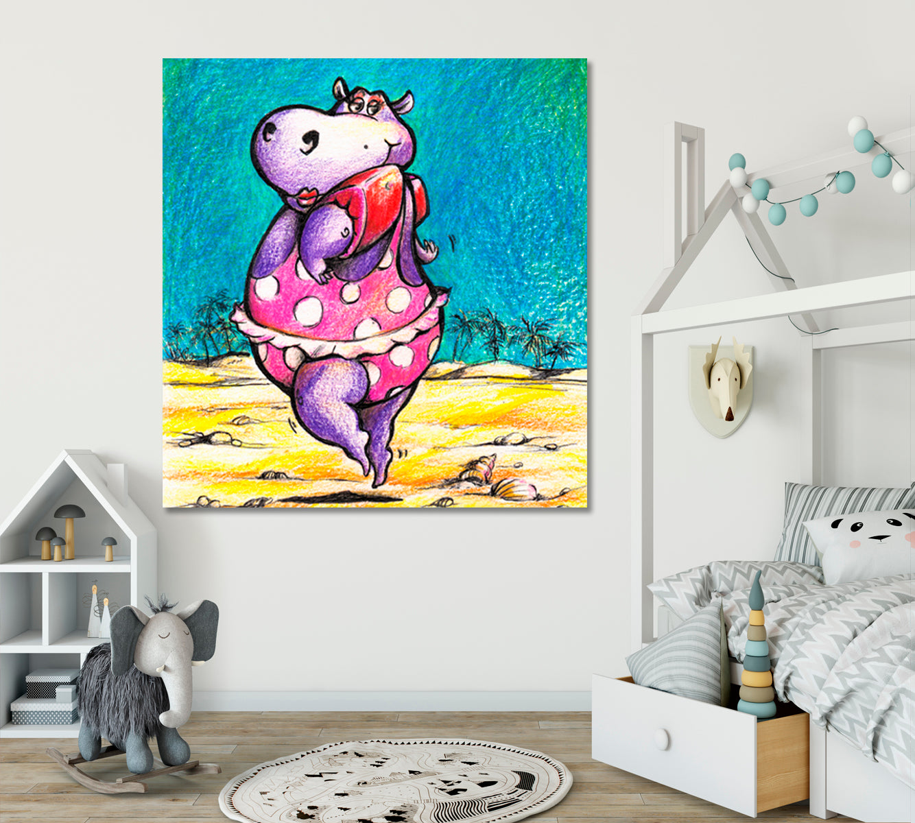 CUTE HIPPO  | Hippopotamus Whimsical Animals Kids Room, Bathroom Canvas Print - Square Panel Animals Canvas Print Artesty 1 Panel 12"x12" 