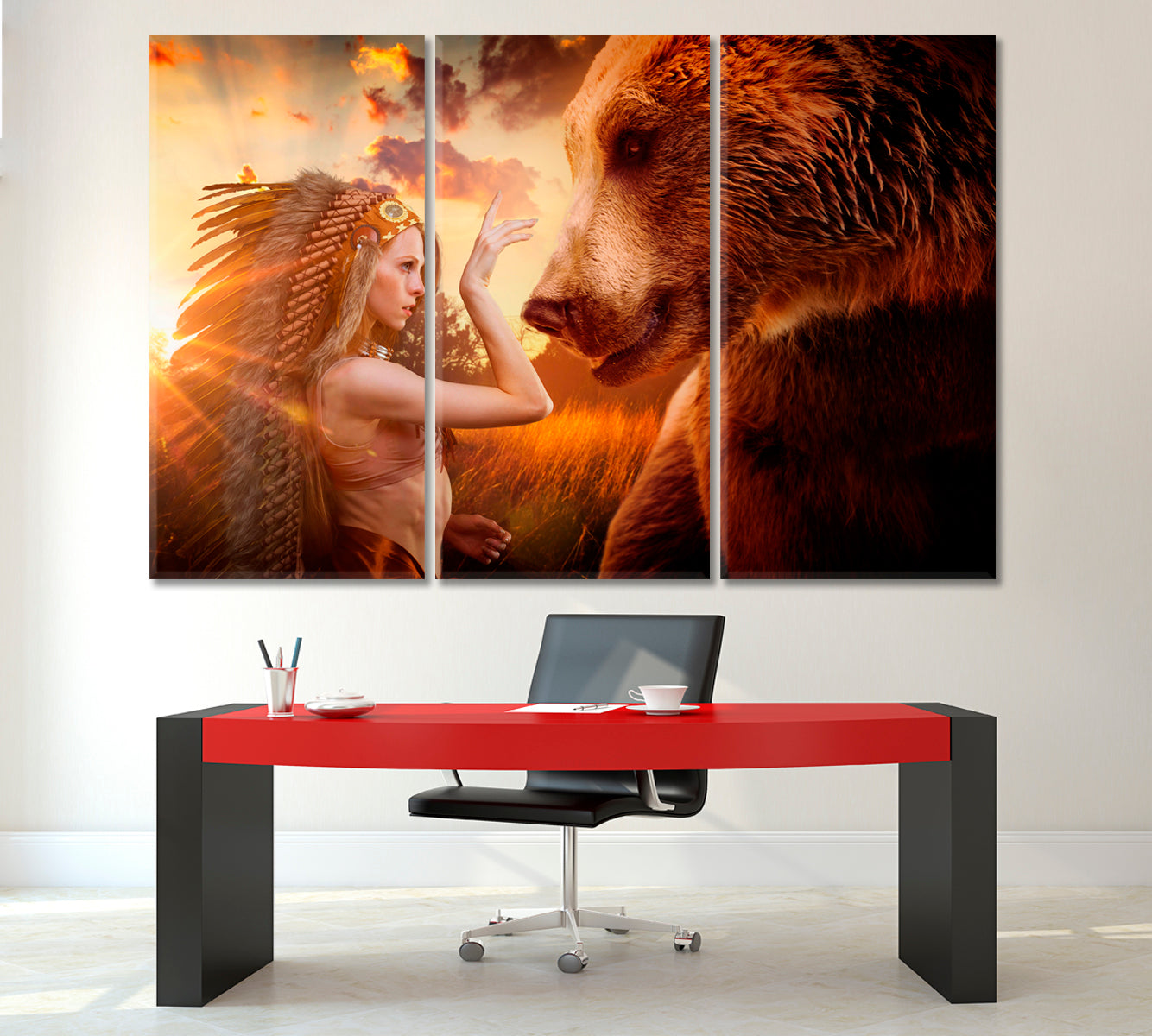 Aztec Woman And Bear, Peace and Balance with Nature Photo Art Artesty 3 panels 36" x 24" 