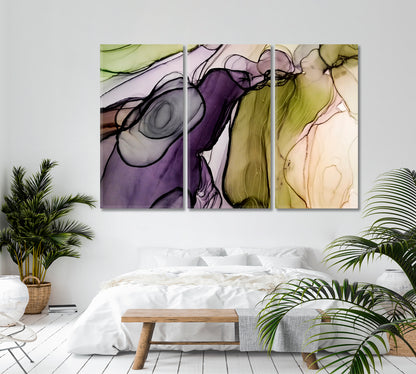 Ink Mix Purple Green Unique Marble Pattern Fluid Art, Oriental Marbling Canvas Print Artesty 3 panels 36" x 24" 