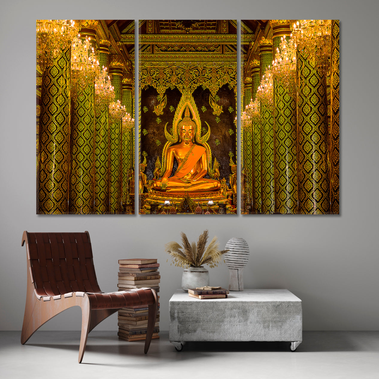 Golden Buddha Temple Thailand Religious Modern Art Artesty 3 panels 36" x 24" 