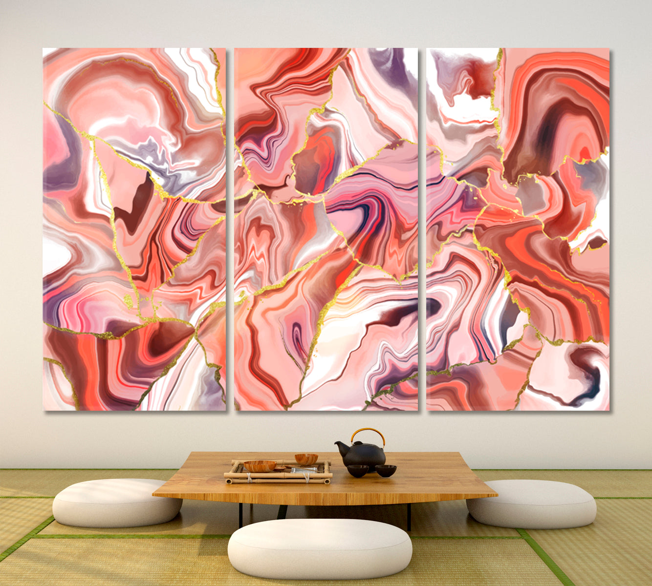 Coral Peachy Beige Mix Abstract Wavy Forms Fractal Futuristic Pattern Contemporary Art Artesty 3 panels 36" x 24" 