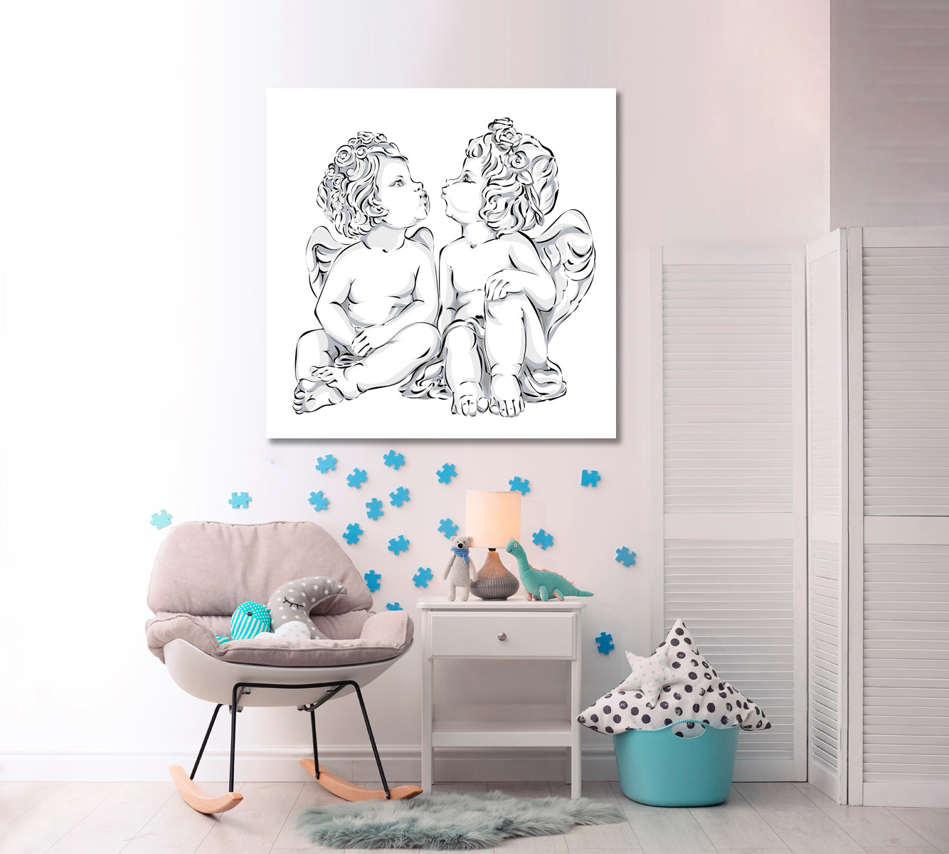 Two Little Angels Cupid Black & White Art Poster Canvas Print | Square Panel Black and White Wall Art Print Artesty   