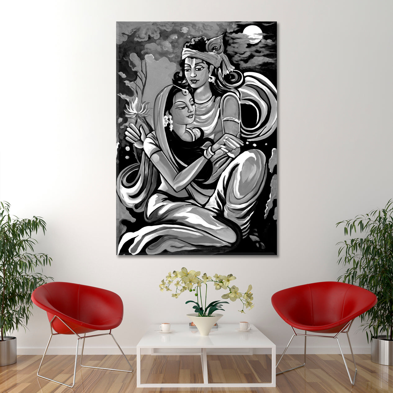 Lord Radha Krishna Modern Art Black And White Religious Modern Art Artesty 1 Panel 16"x24" 