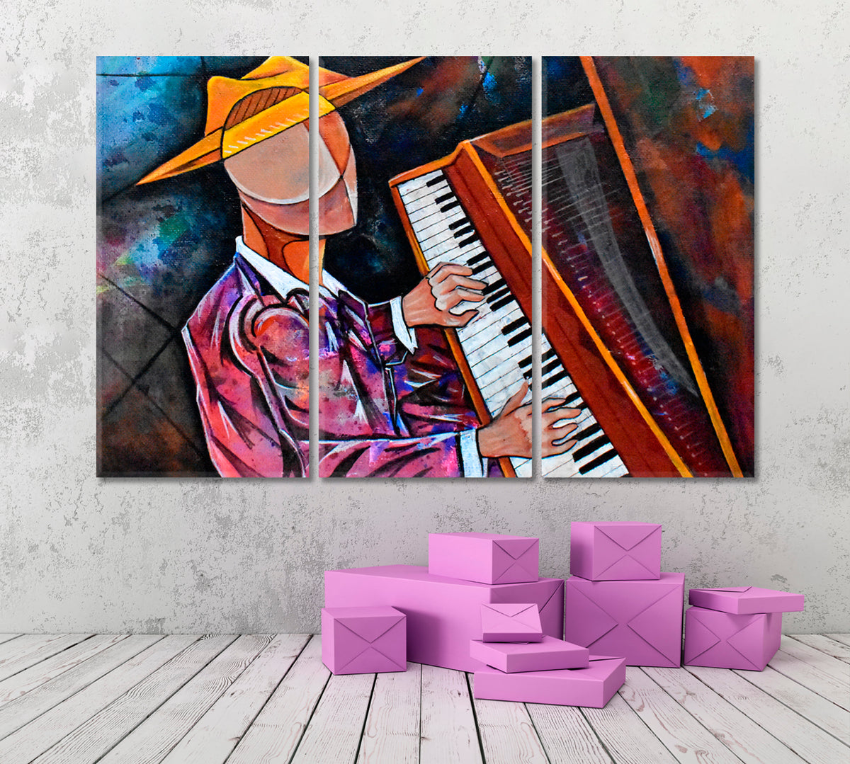 PIANIST Cubist Surrealism Musician Painting Modern Abstract Music Wall Panels Artesty 3 panels 36" x 24" 