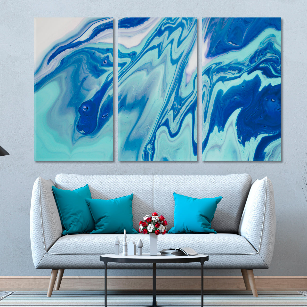 Shades of Blue Acrylic Mix Abstract Colorful Marble Splash Fluid Fluid Art, Oriental Marbling Canvas Print Artesty 3 panels 36" x 24" 