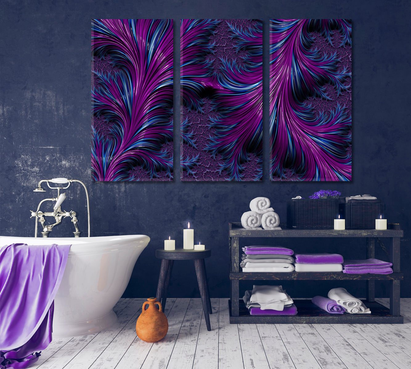 Abstract Fractal Spiral Swirls Purple and Navy Blue Feathers Canvas Print Contemporary Art Artesty 3 panels 36" x 24" 