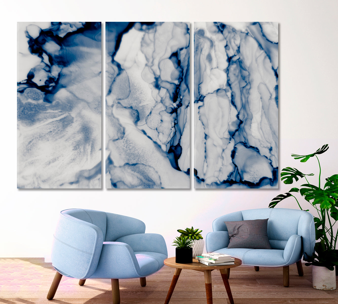 Chinese Ink in Water Blue Marble Abstract Abstract Art Print Artesty 3 panels 36" x 24" 