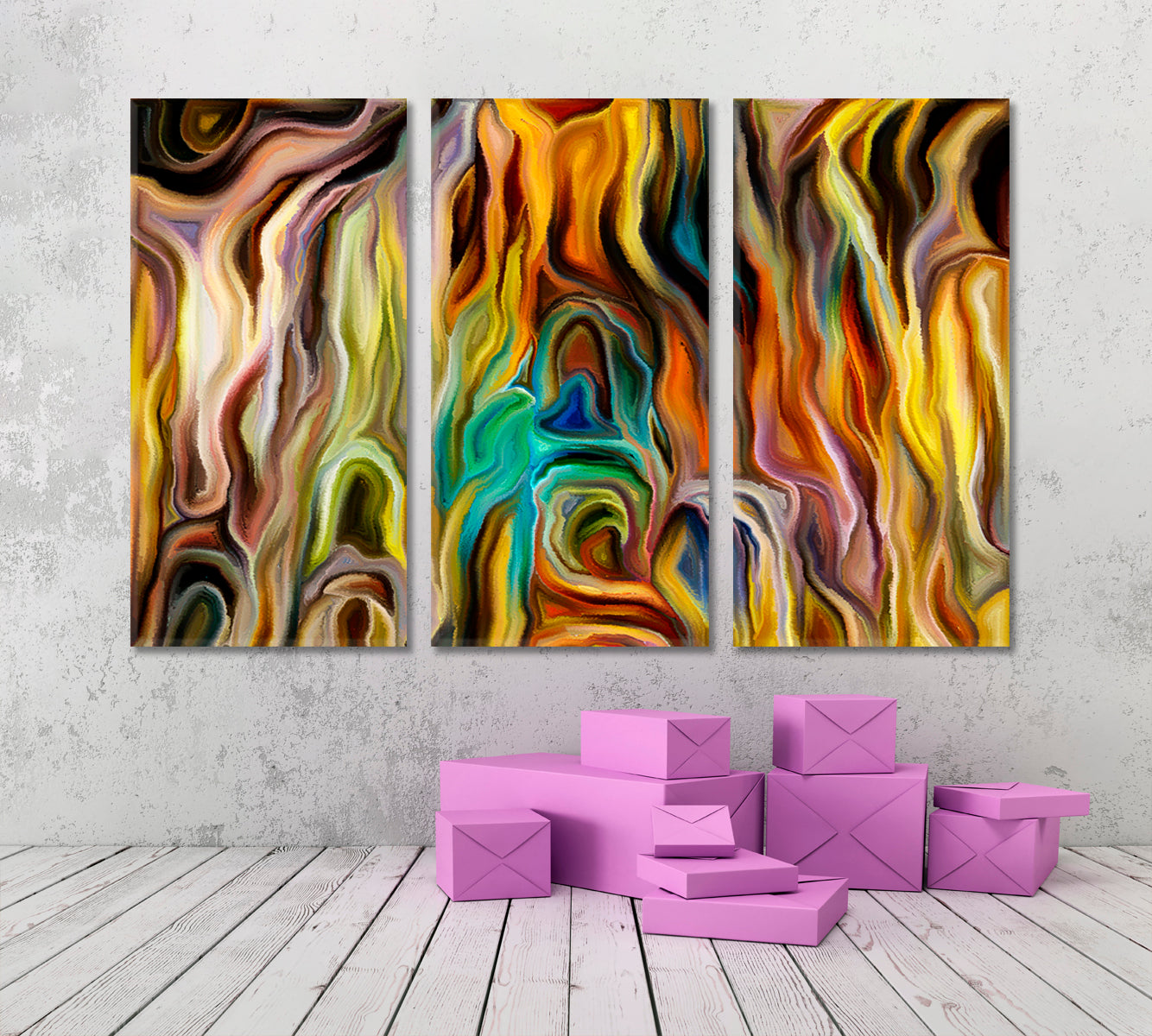 COLORED FLAME LINES Abstract Contemporary Art Contemporary Art Artesty 3 panels 36" x 24" 