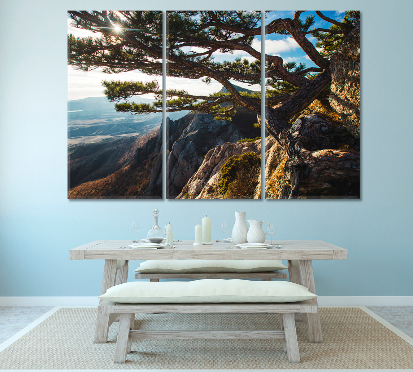 Breathtaking Beautiful Mountains Sunset Big Pine Tree on the Rock Nature Wall Canvas Print Artesty   