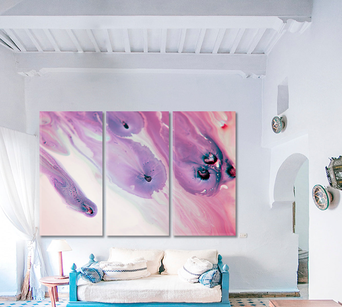 PEARL Pale Pink Powder Lavender Purple Marble Pattern Fluid Art, Oriental Marbling Canvas Print Artesty 3 panels 36" x 24" 