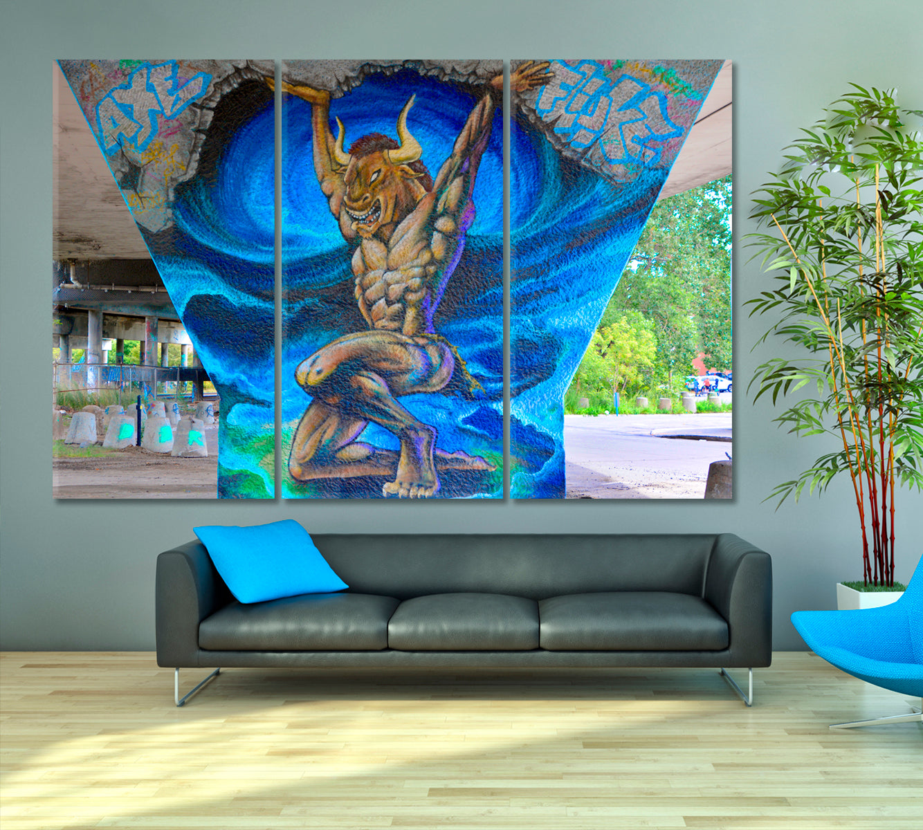 MONTREAL MINOTAUR Street Art Montreal Canada Vibrant Graffiti Canvas Print Street Art Canvas Print Artesty 3 panels 36" x 24" 