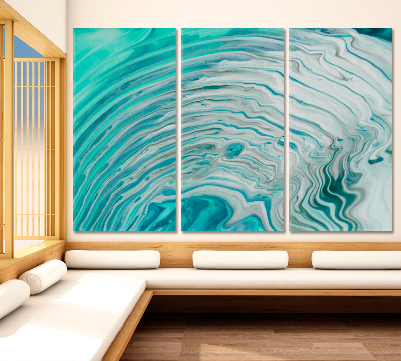 MINT PEARL Pale Turquoise Marble Pattern Fluid Art, Oriental Marbling Canvas Print Artesty 3 panels 36" x 24" 