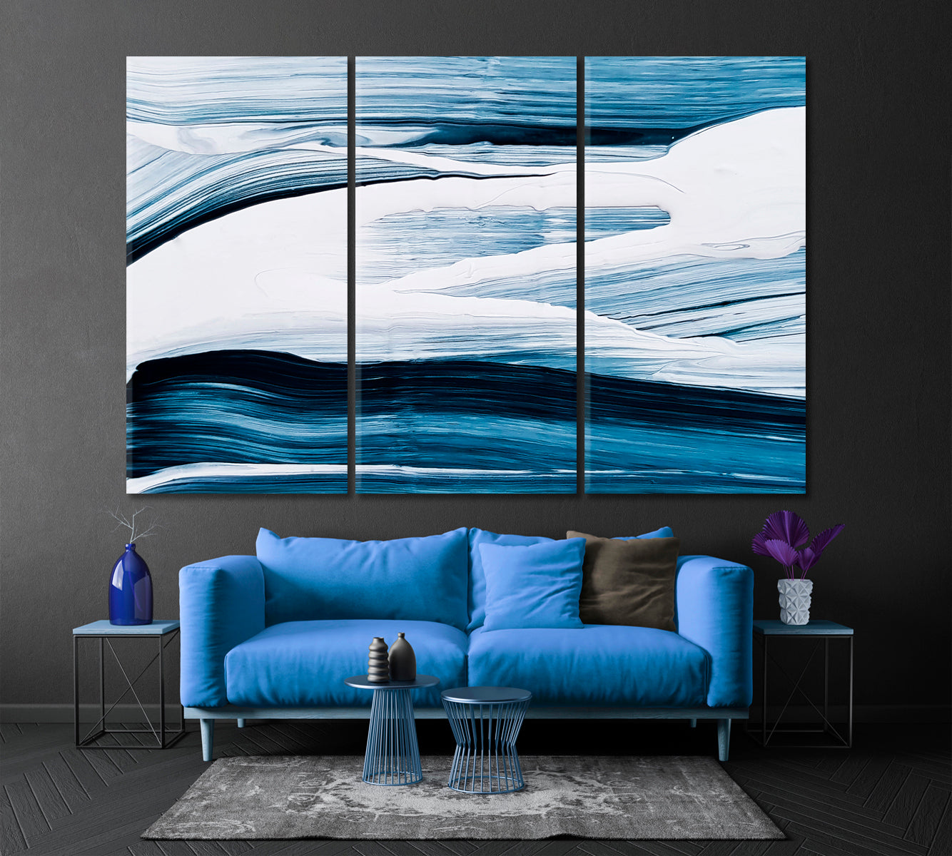 BLUE WHITE BRUSH STROKES Abstract Modern Artwork Abstract Art Print Artesty 3 panels 36" x 24" 