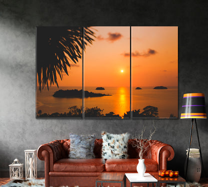 EXOTIC SEA COAST Amazing Romantic Colorful Red Sunset Tropical Landscape Canvas Print Tropical, Exotic Art Print Artesty 3 panels 36" x 24" 