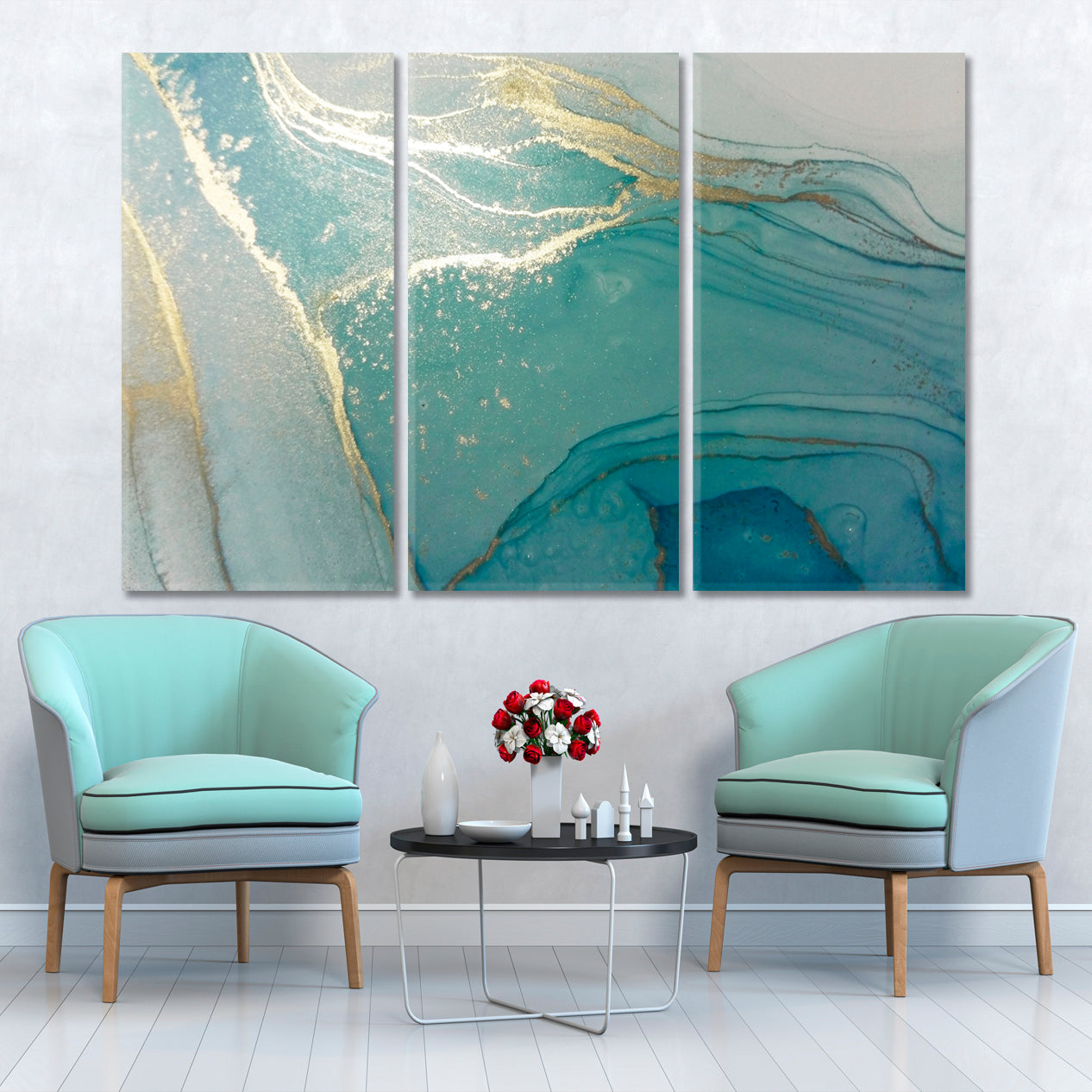 TURQUOISE MINT GOLD Luxury Abstract Fluid Alcohol Ink Fluid Art, Oriental Marbling Canvas Print Artesty 3 panels 36" x 24" 