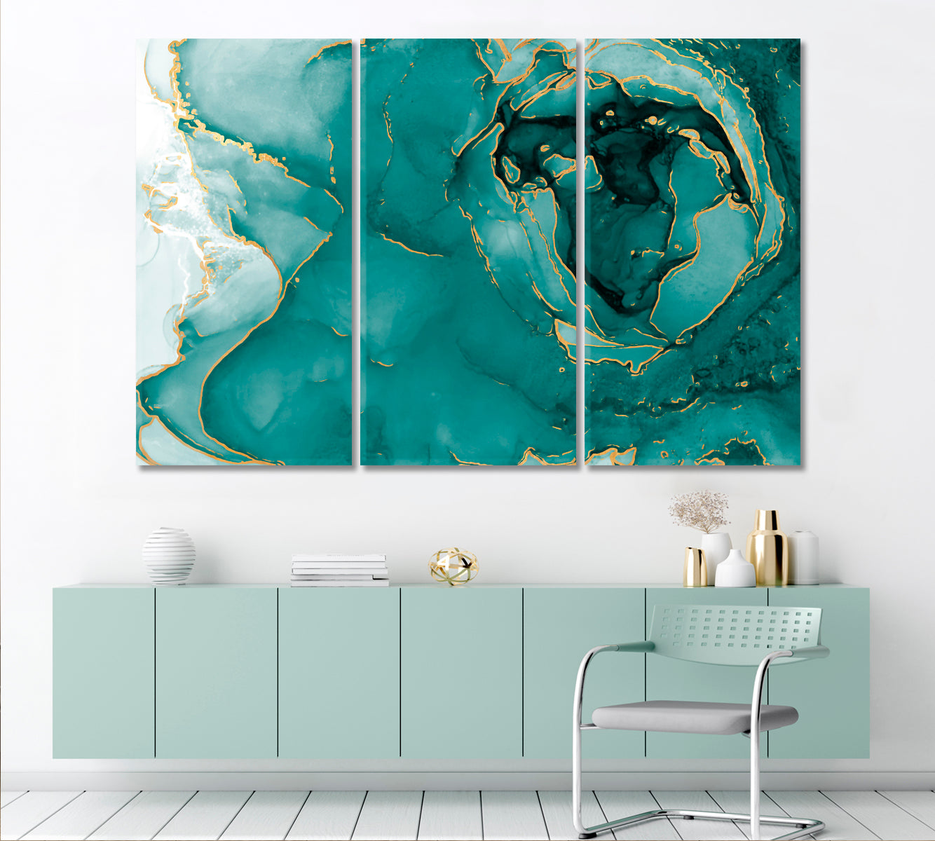 Abstract Marbling Tidewater Green Ocean Tones Ink Stains Fluid Art Fluid Art, Oriental Marbling Canvas Print Artesty 3 panels 36" x 24" 