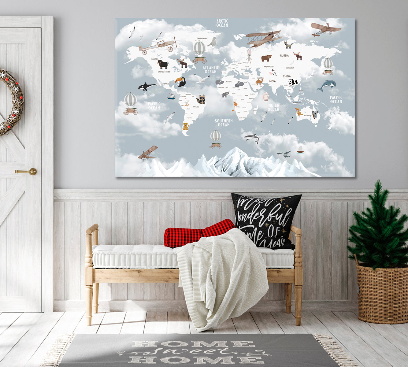 WORLD MAP Animals Map for Kids Nursery Room Maps Canvas Artwork Artesty   