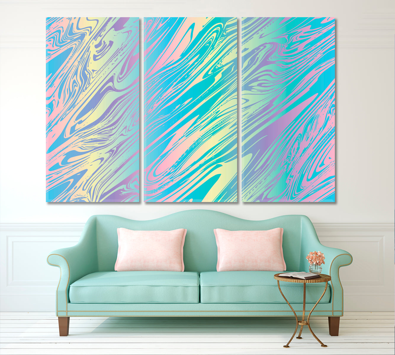 Light Blue Mint Yellow Pink Purple Holographic Pearlized Liquid Marble Fluid Art, Oriental Marbling Canvas Print Artesty 3 panels 36" x 24" 