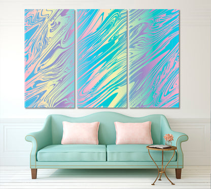 Light Blue Mint Yellow Pink Purple Holographic Pearlized Liquid Marble Fluid Art, Oriental Marbling Canvas Print Artesty 3 panels 36" x 24" 