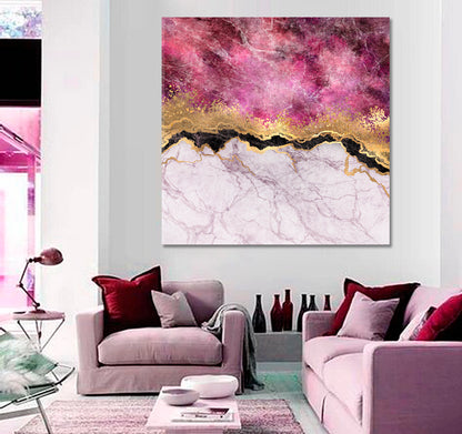 Purple Pink Fuchsia Marble Veins Stone Gold Foil Glitter Fluid Art, Oriental Marbling Canvas Print Artesty   