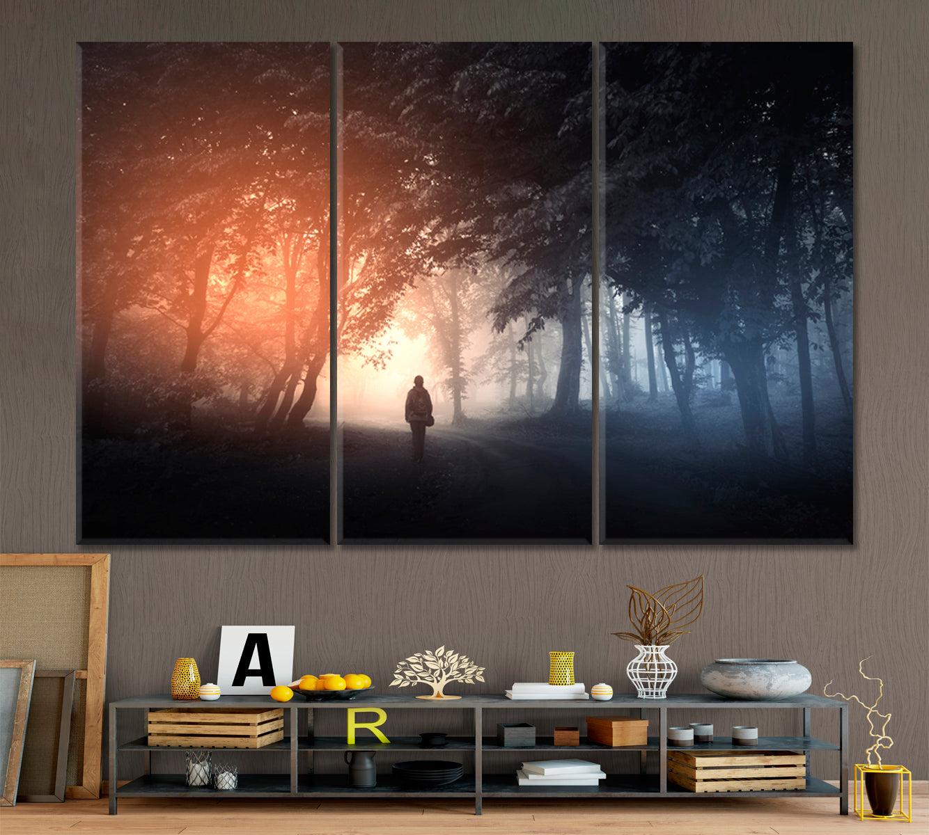 PATH TO THE LIGHT Mysterious Landscape Fantastic Surreal Misty Forest Trees Man Walking on the Path Scenery Landscape Fine Art Print Artesty   