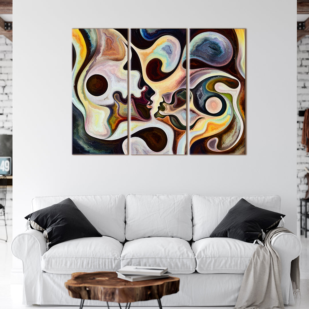 Multi Color Abstract Curves And Human Silhouettes Surreal Contemporary Art Artesty 3 panels 36" x 24" 