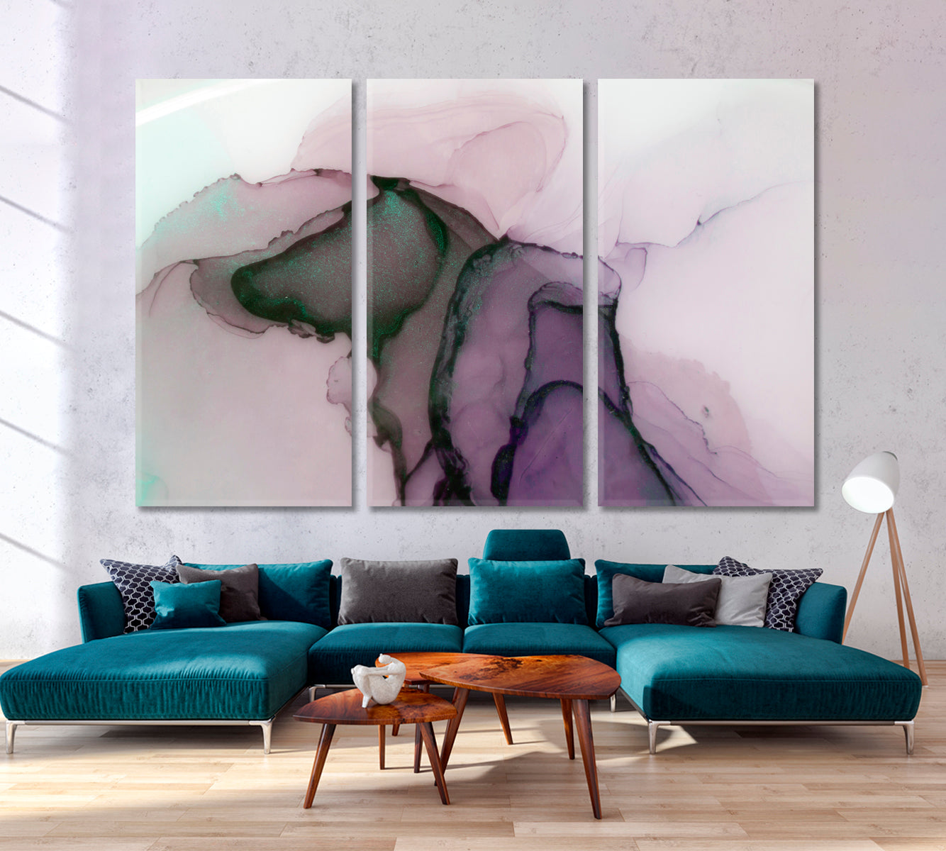 Beautiful Pastels Abstract alcohol ink Purple Green Fluid Art, Oriental Marbling Canvas Print Artesty 3 panels 36" x 24" 