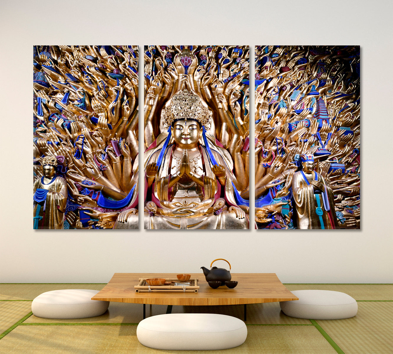 AVALOKITESVARA  Thousand Hand Goddess of Mercy Guan Yin Statue Religious Modern Art Artesty 3 panels 36" x 24" 